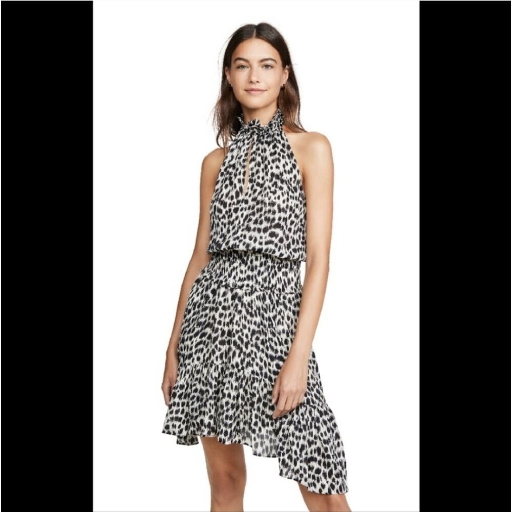 A.L.C Cody Leopard Print Silk Dress Mini Black White High Neck Sleeveless Size 4